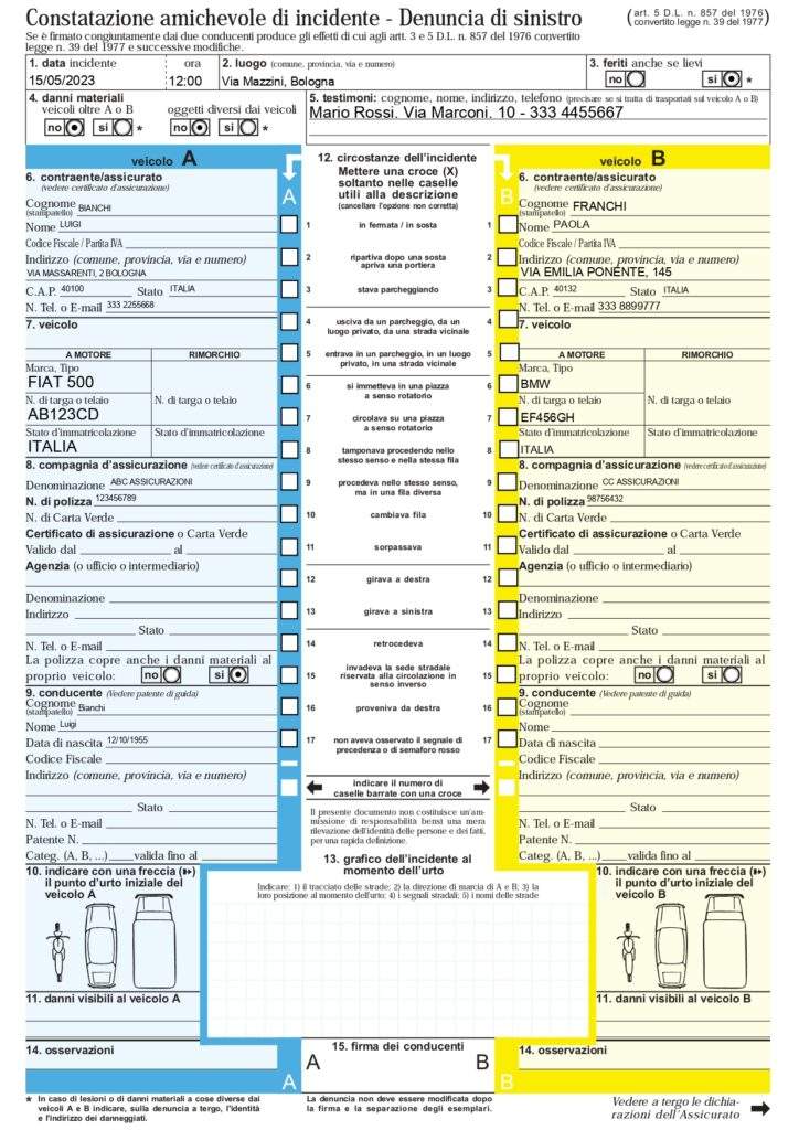 Esempio di compilazione del CID (modulo di constatazione amichevole) per incidente stradale.